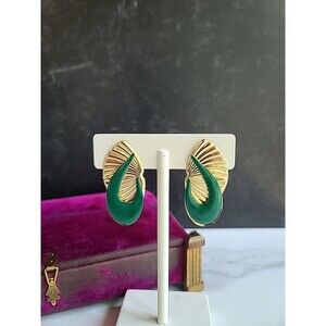 Green Enamel And Gold Tone Dangling Pierced Earrings Vintage